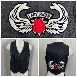 Espinozas Leather Ladies Large Black Genuine Leather Vest Embroidered Lady Rider